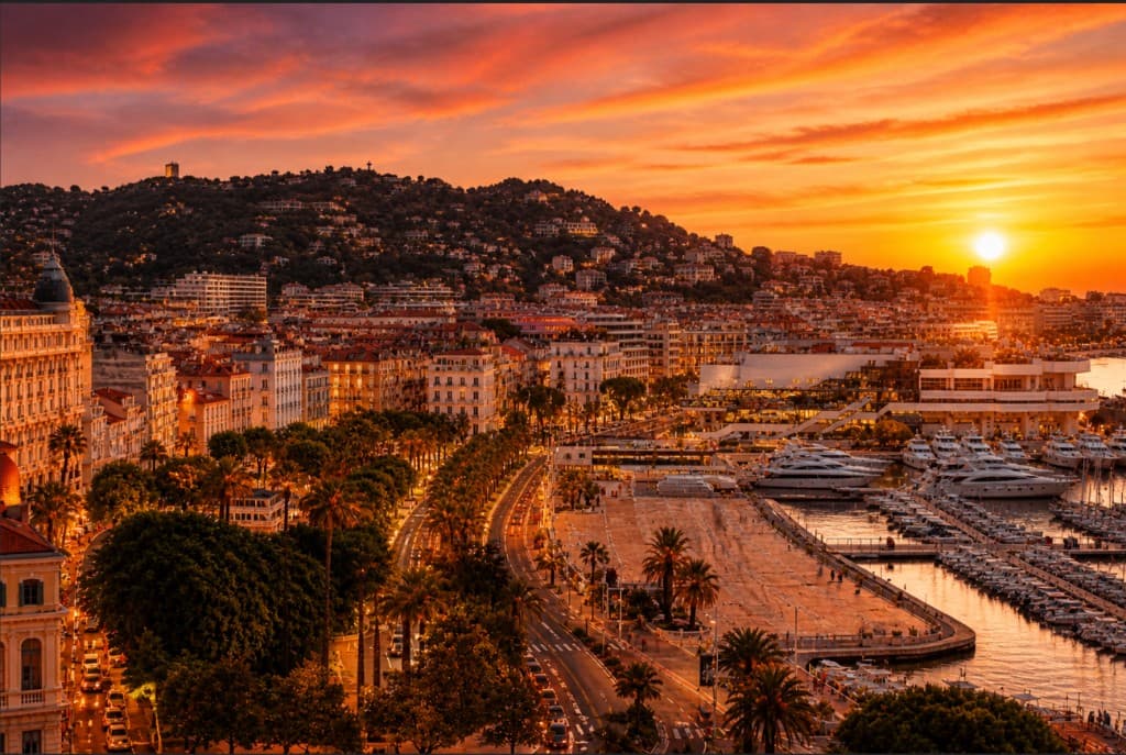 Cannes waterfront at sunset